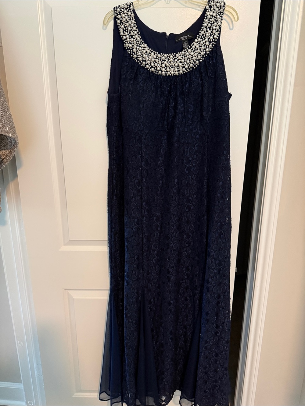 Beaded Navy Lace Evening Dress with Pearl Collar